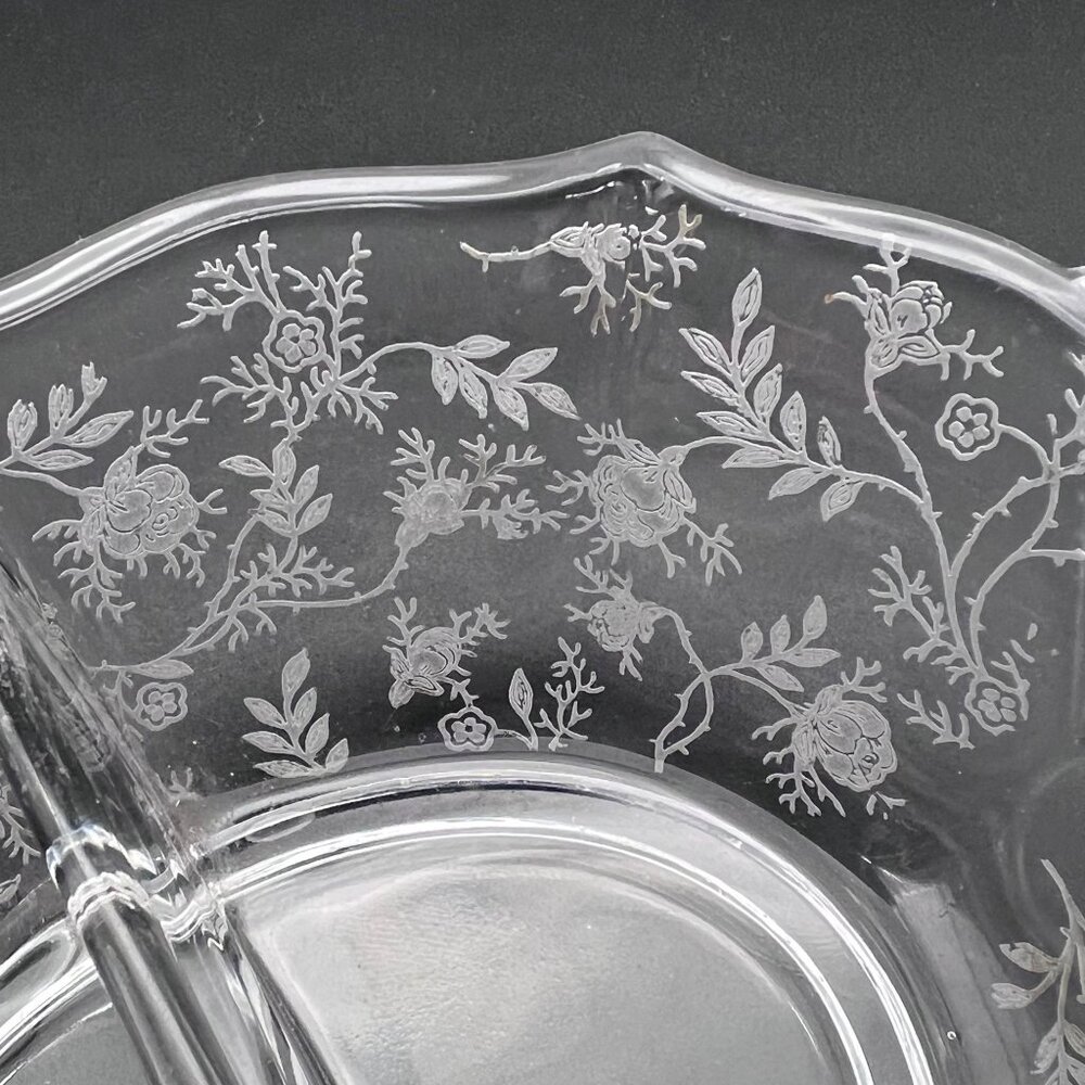Vintage Fostoria Baroque Navarre Etched Glass Divided Serving Dish Floral Design - Picture 10 of 15
